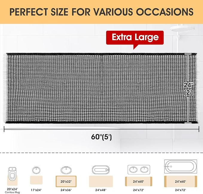 IM HOME Waffle Bath Mat Black & Cream 5'x2', Boho Woven Modern Bath Mat Rugs, Absorbent Non Slip Bathroom Rugs, Soft Washable Bath Rugs with Tassels for Bathroom, Bedroom, Kitchen, Shower, Tub