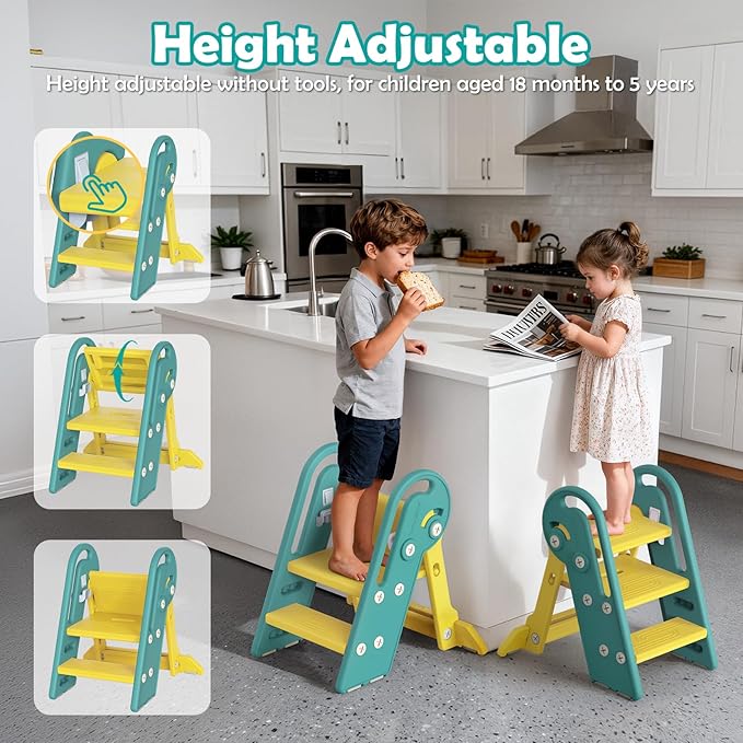 Onasti Folding Step Stool with Adjustable Height, 3-Step Converts to 2-Step, Sturdy Anti Slip Bathroom Step Stool for Toilet, Bathroom Sink, Kitchen Counter, Space Saving Design for Home Use- Green