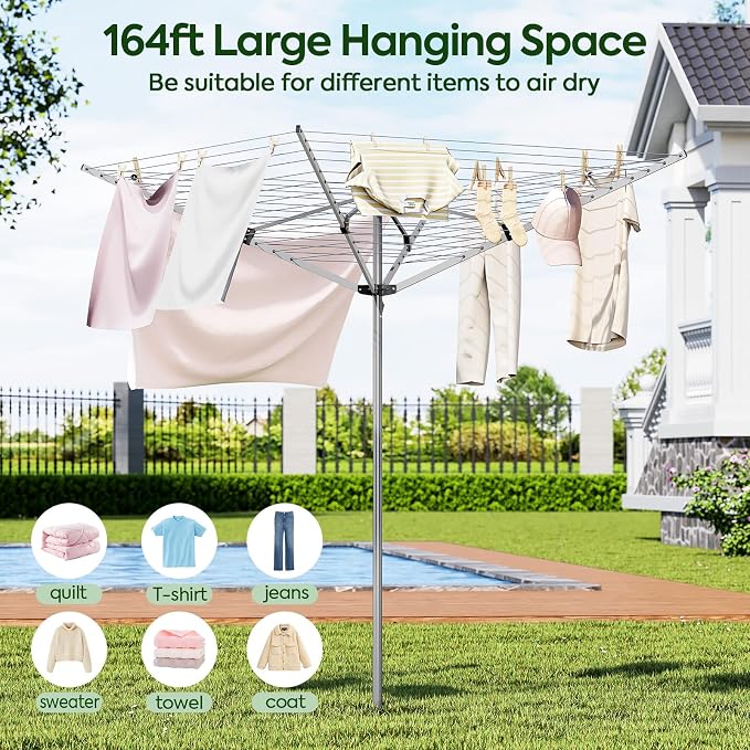 164Ft XL Outdoor Umbrella Clothes Drying Rack, 70.87" H | Collapsible 4-Arm Rotary Clothesline For Lawn, Garden & Backyard, Metal Frame For Outdoor Natural Laundry Drying