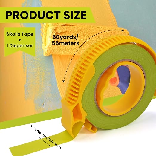 TAPEBEAR Green Painters Tape with Dispenser 21-Days Clean Removal, Washi Masking Tape 0.94Inch x 60Yards, Medium Adhesion Indoor Outdoor Multi-Surface Painting with Sharp Lines for Car/Wall, 6Rolls