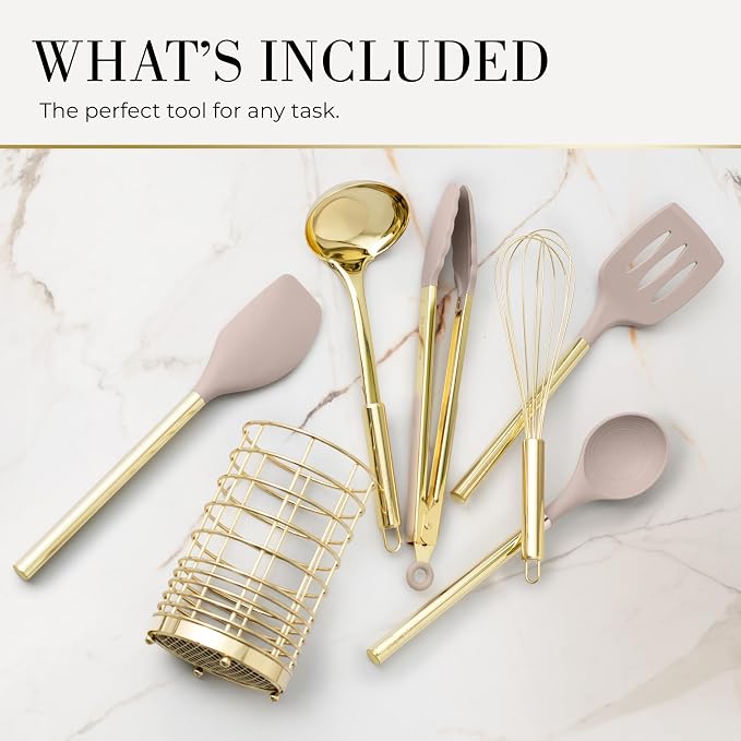 7-Piece Beige & Gold Kitchen Utensils Set – Non-Toxic Silicone & Stainless Steel Tools for Cooking, Serving, & Hosting – Ideal for Nonstick Cookware & Modern Kitchens, with Gold Utensil Holder