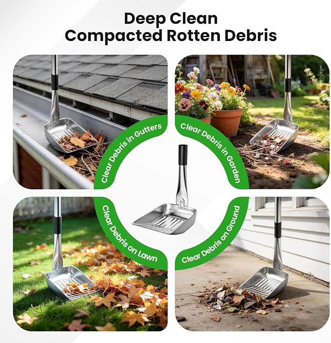 12 FT Gutter Cleaning Tools for Outdoor - Gutter Cleaner Pole with Shovel & Brush for Roof Rain Gutters, Cleans Leaves, Branches & Debris - No Ladder Needed (Green)