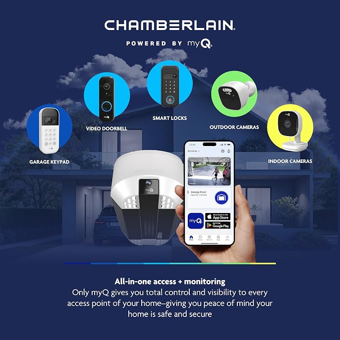 Chamberlain Belt Drive myQ Garage Door Opener, 3/4HP w/Fixed Camera | Ultra quiet belt drive, smart garage myQ integration, Includes: 2 remotes, wall control, battery backup & safety sensors