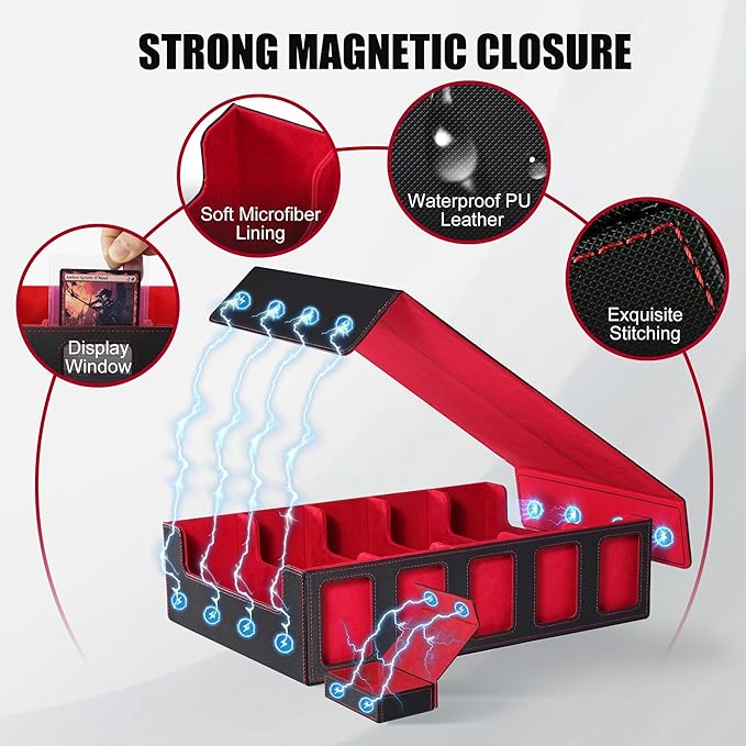 Trading Card Storage Box with Commander Display , 5-Row Deck Case with Removable Lid; 3900+ Card Deck Box for MTG TCG Sports Card, 5 Top Loaders, 5 Stoppers, 48 Dividers,1 Dice Tray (Black Red)