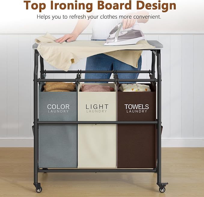 Hoctieon 3 Section Laundry Sorter with Iorning Board, Hamper with Wheels | Brown+Gray+Beige,Lockable Wheels, Laundry Basket Organizer, Heavy Duty Clothes Separator, Removable Bags,Rolling Laundry Cart