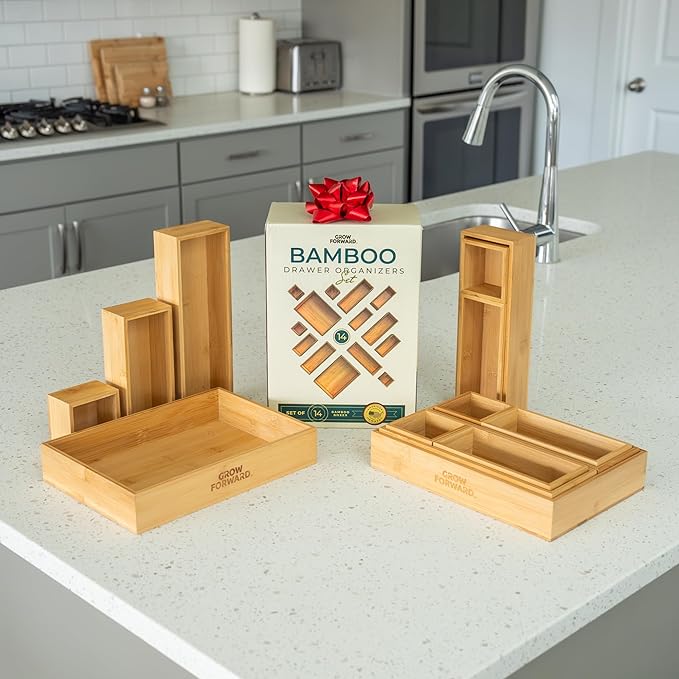 Grow Forward Bamboo Drawer Organizer Boxes - Set of 14 Wooden Drawer Organizers for Kitchen, Bathroom, Office, Desk, Vanity, Makeup - Non-Slip Junk Drawer Organizer Trays for Storage and Organization