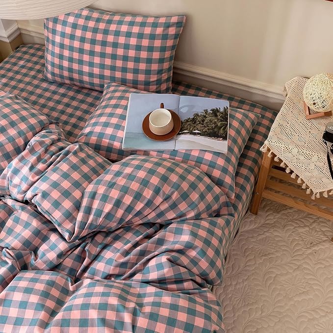 mixinni Plaid Duvet Cover Set King Purple - Soft Washed Cotton Modern Geometric Bedding Set with 2 Pillowcases, Pink Blue Gingham Grid King Duvet Cover for Men & Women, Soft & Lightweight