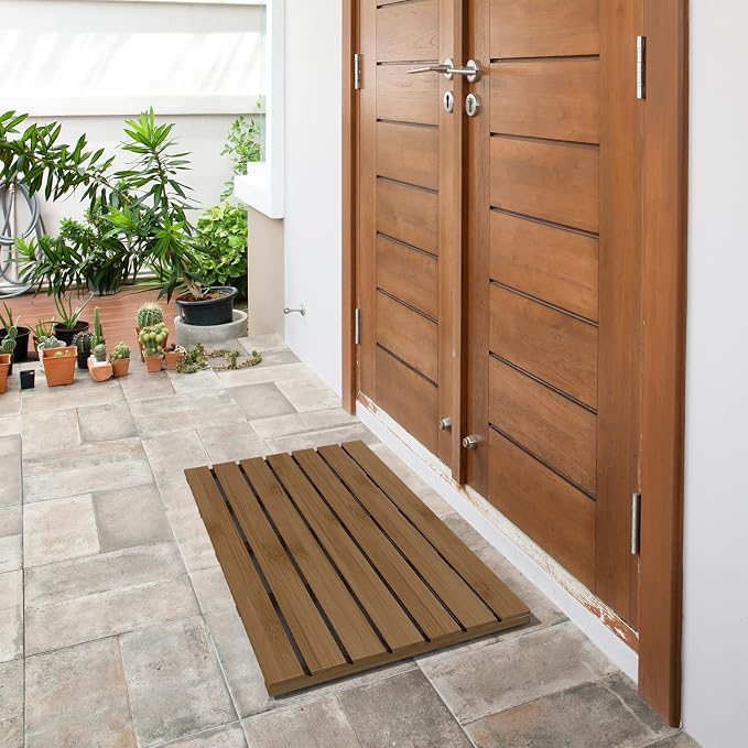 Bamboo Wooden Bath Floor Mat for Luxury Shower - Non-Slip Bathroom Waterproof Carpet for Indoor or Outdoor Use (Walnut,31.3 x 18.1 x 1.5 Inches)