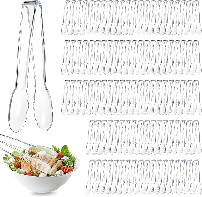 Tessco for you 100 Pcs Plastic Tongs for Serving Bulk, 9 Inch Plastic Disposable Serving Tongs, Heavy Duty Salad Tong for Kitchen, Buffet, BBQ, Events & Catering (Transparent)