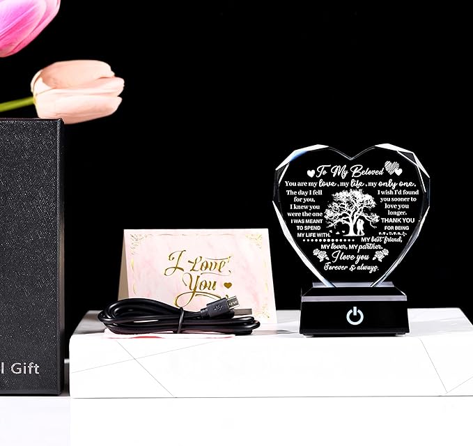 ZHSHWAT Romantic Crystal Heart Night Light for Wife Love Tree Engraved Keepsake from Husband | Anniversary, Birthday, Valentine's Day Gift for Her I Love You Forever & Always