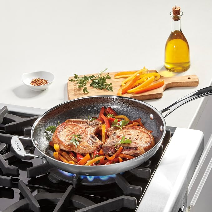 Cuisinart FusionPlus Hybrid Stainless Steel 12 Inch Skillet with Helper Handle, PurelySear Hybrid Searing Surface, Oven Safe, Cool Grip, Induction Compatible
