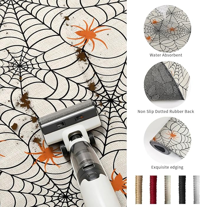 Round Area Rug 5', Halloween Washable Area Rugs for Living Room Kitchen Bedroom Nursery Dining Room, Black Net Classic Spiders Gingham Orange Rustic Non Slip Door Mat Indoor Floor Throw Circle Carpet