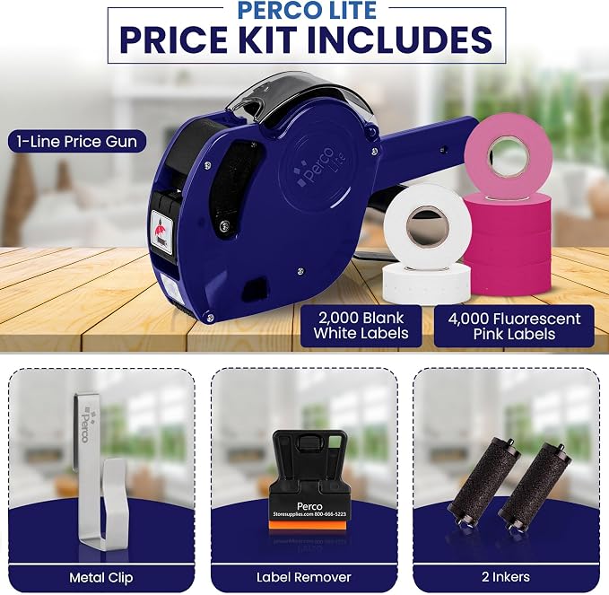 Perco Lite 1 Line Price Gun Kit for Retail Business – Includes 2 White Rolls, 4 Fluorescent Pink Rolls, Gun Clip & Ink Rollers – Pre-Loaded Pricing Gun w Labels & Ink