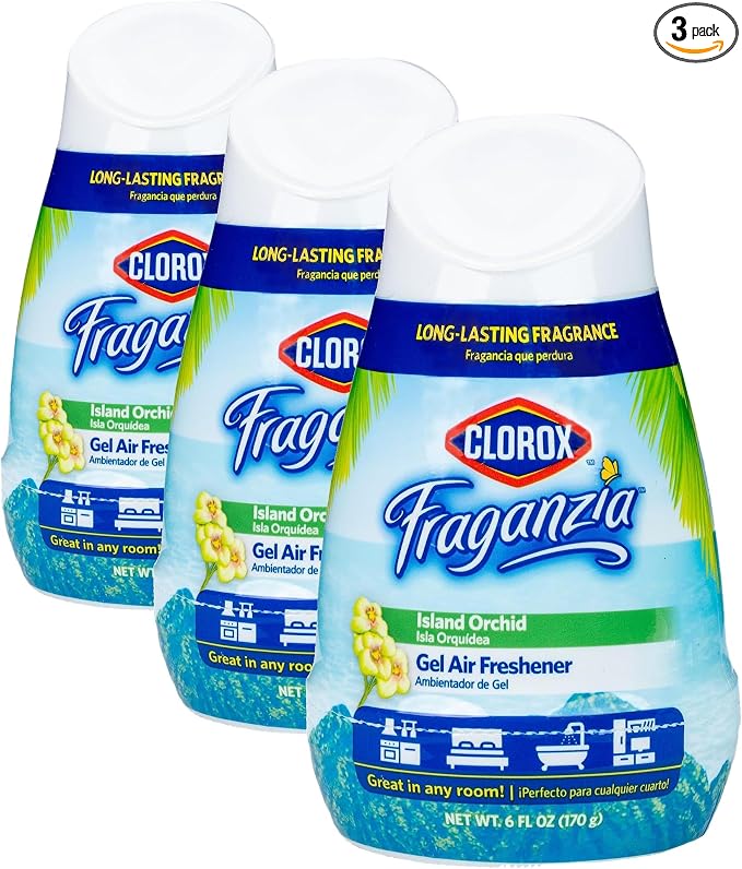 Clorox Fraganzia Gel Air Freshener Cone in Island Orchid Scent, 6oz | No-Plug, Battery-Free Air Freshener for Small Rooms, Closets, Kitchens, Bathrooms, Offices and More (Pack of 3)