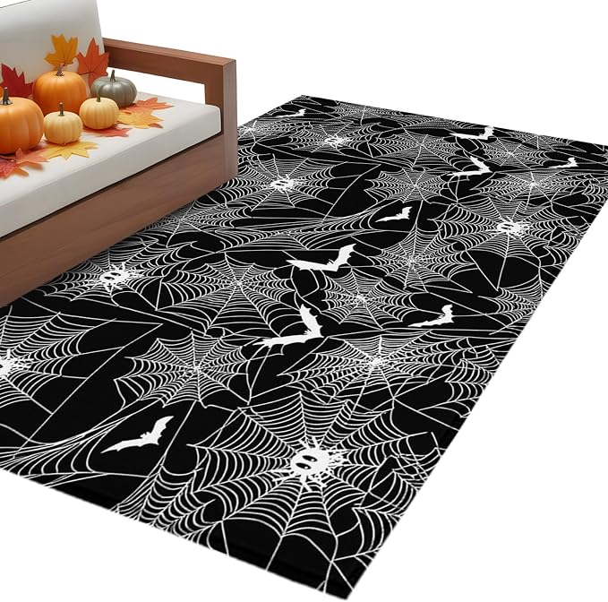 3 x 5 Ft Area Rug for Reading Room. Halloween Indoor Accent Rugs for Living Room, Black Scary White Bat Animal Net Geometric Decorative Modern Carpet Washable Low Pile Non Slip Rug for Bedroom