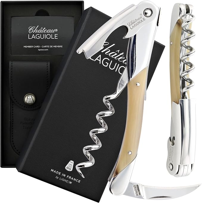 Chateau Laguiole Corkscrew - Grand Cru - White Horn French Luxury Laguiole Wine Opener – Laguiole Wine Key Made in France - Wine Sommelier Bone Handle Wine Corkscrew with Leather Sheath & Gift Box