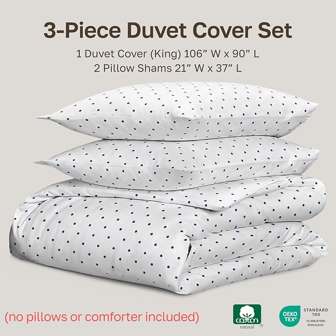 California Design Den Printed King Size Duvet Cover Set - 400 Thread Count 100% Cotton Sateen, Comforter Cover and 2 Pillow Shams, Button Closure and Corner Ties (3 Piece, Polka Dot)