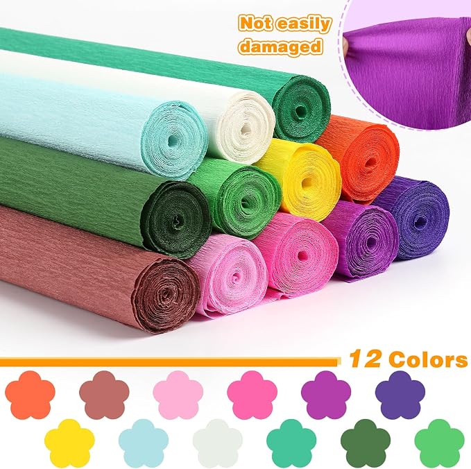 176 Pcs Crepe Paper Roll Set, 12-Color 16.5×98 Inches Heavy Crepe Paper with Glue Gun, Scissors, Wire, Gardening Tape, Suitable for Handmade Paper Flowers, DIY Projects, Wedding & Party Decorations