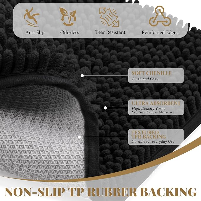 Bathroom Rugs Mat 48 x 36, Thick Soft Absorbent Chenille Bath Rugs, Rubber Backing Bath Mats for Bathroom Floor, Tub, Shower, Bedroom, Home Decor Accessories, Quick Dry Machine Washable, Black