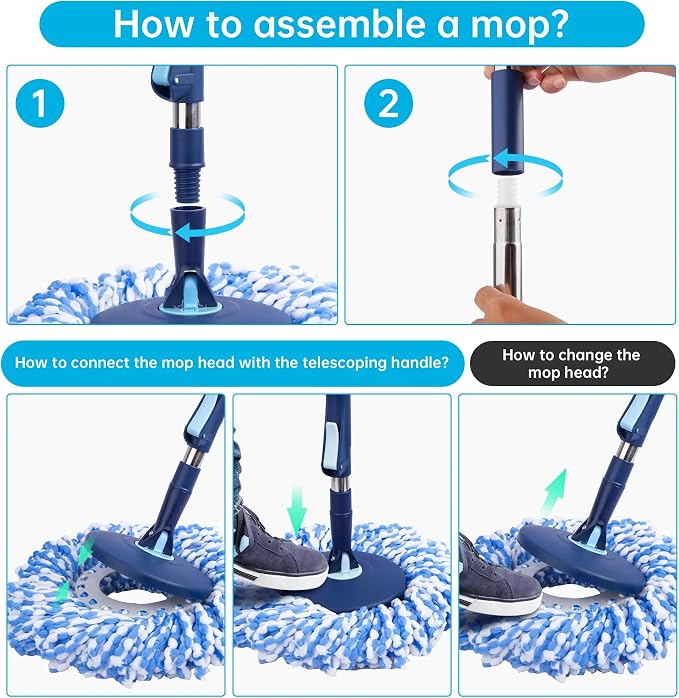 Spin Mop and Bucket with Wringer Set, 360° Rotating Microfiber Mop, Adjustable Handle, Hands-Free Wringing, Reusable Mop Heads (Light Blue mop and Bucket + 5 mop Head)