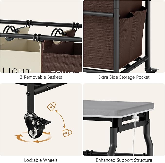 Hoctieon 3 Section Laundry Sorter with Iorning Board, Hamper with Wheels | Brown+Gray+Beige,Lockable Wheels, Laundry Basket Organizer, Heavy Duty Clothes Separator, Removable Bags,Rolling Laundry Cart