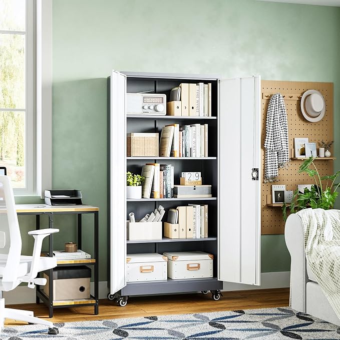 Metal Garage Storage Cabinets with Lock Door and Adjustable Shelves, Steel Tool Cabinets for Home,Office,Warehouse Organisieren (Grey White, 75" H)