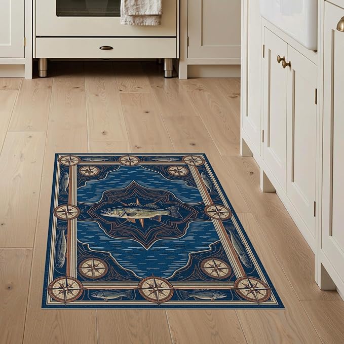 3'x5' Washable Area Rug Bass Nautical Wildlife Lake Map Border Lure Tackle Fish Fishing Refined for Home Office, Hallway, Laundry Room, Non-Slip Chair-Friendly