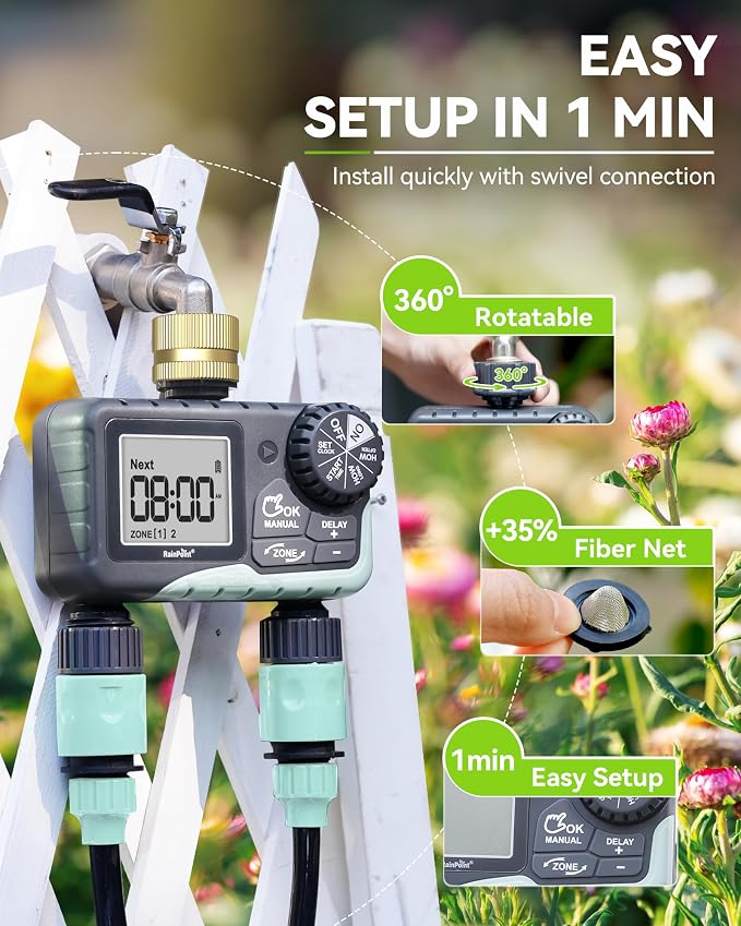 RAINPOINT Sprinkler Timer for Garden Hose - 2 Pack Brass Intel Hose Timer Rain Delay/Manual Watering/Automatic Irrigation for Yard Lawn