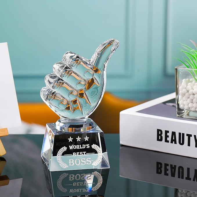 Movdyka World's Best Boss Gifts for Women Men - Crystal Keepsakes Thumbs Up Shape Plaque Great Bosses Day Gift for Office Going Away, Thank You, Farewell & Retirement, Decor