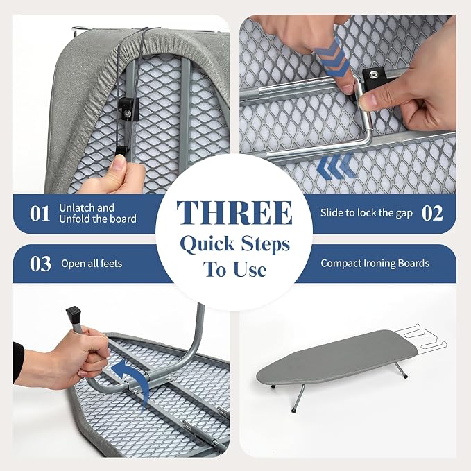 Tabletop Ironing Board with Iron Rest 31"x12" Grey | BlissBoard Small Foldable Mini Compact Iron Table, Heat Resistant Cover for Dorms, Apartment and Travel