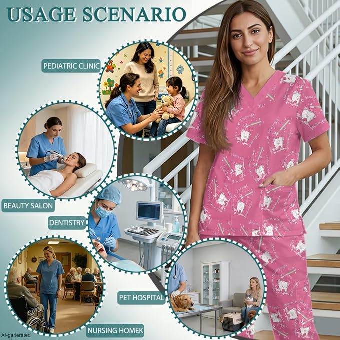Gomyblomy Women's Scrubs Suit 3-Piece Set | Teeth Print V-Neck Top & Pants & Cap, Breathable and Stretch Fabric, S-5XL