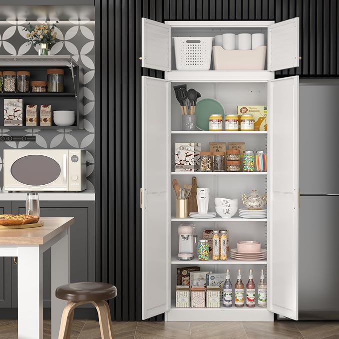 Steeloong 86"Metal Pantry Storage Cabinet with Doors & 4 Adjustable Shelves | Kitchen Pantry Cabinet,White Kitchen Cabinet with 4 Gold Handles,Tall Cabinet for Livingroom,Pantry, Bathroom,Kitchen,Garage