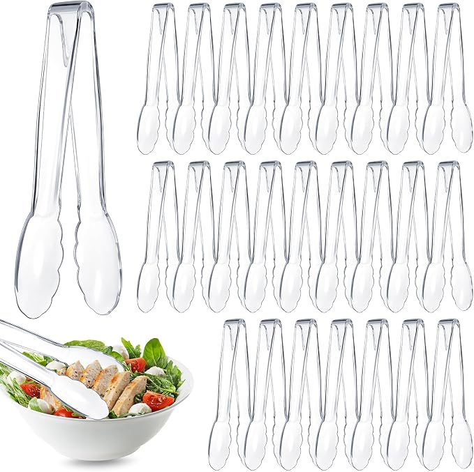 Tessco for you 25 Pcs Plastic Tongs for Serving Bulk, 9 Inch Plastic Disposable Serving Tongs, Heavy Duty Salad Tong for Kitchen, Buffet, BBQ, Events & Catering (Transparent)