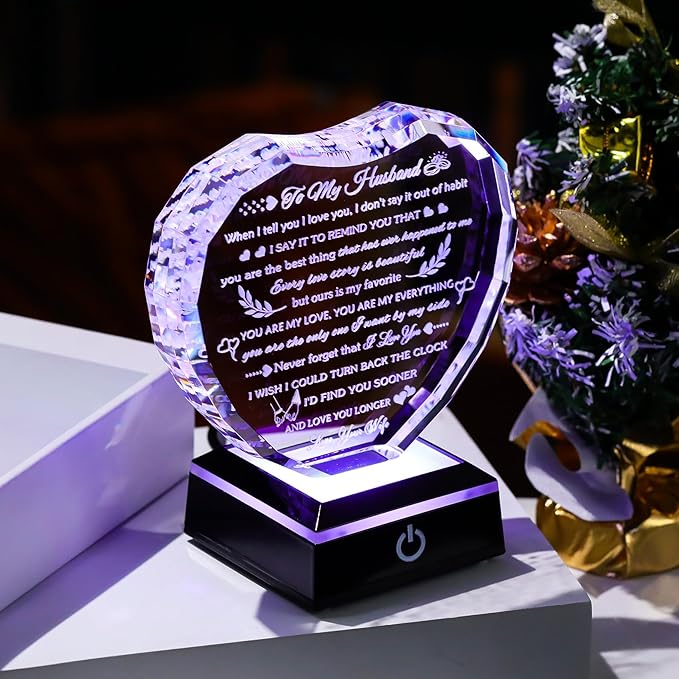 Arikyrist Gifts for Husband from Wife with Colorful LED Base Anniversary Romantic Gifts for Husband Birthday Crystal Keepsake to My Husband I Love You Gifts on Valentine Fathers Day Christmas