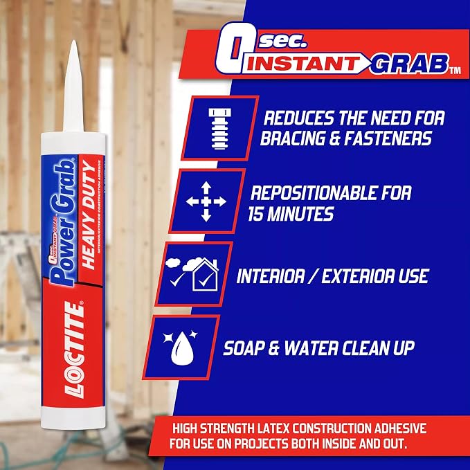 Loctite Power Grab Express Heavy Duty Construction Adhesive, 9 fl oz Cartridge, 1 Pack - Versatile Constuction Glue for Wood, Wall, Tile, Foam Board & More
