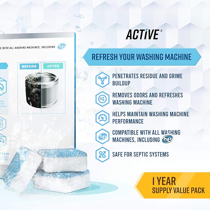 ACTIVE Automatic Toilet Bowl Cleaner and Washing Machine Cleaner - Includes 12ct Toilet Bowl Cleaning Tablets and 24ct Washer Cleaning Tablets