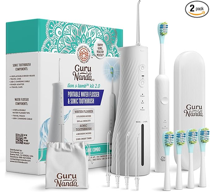 GuruNanda Lion & Lamb Kit 2.0, Electric Toothbrush with Water Flosser Combo, 4 Jet Tips, 4 Brush Heads, & IPX7 Waterproof Design for Complete Oral Care, White