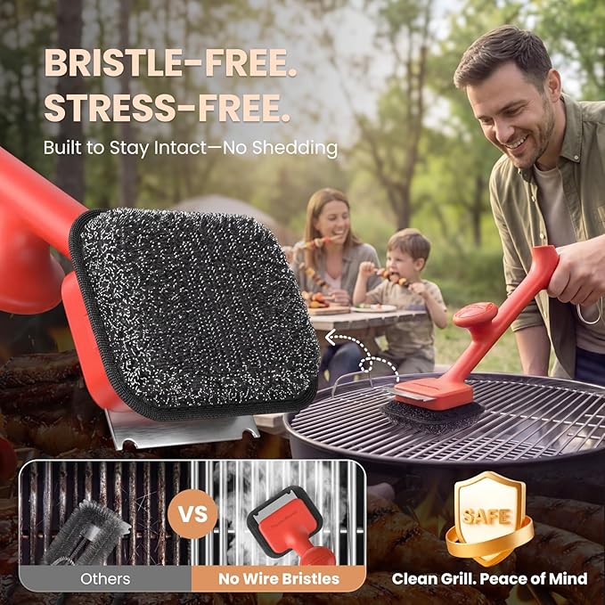 ThermoMaven Bristle-Free BBQ Grill Brush - No Wire Risk Steam Cleaner Removes Burnt Grease Fast - 17" Cool-Touch Handle, Scraper & 3 Replaceable Heads for Gas, Charcoal & Cast Iron