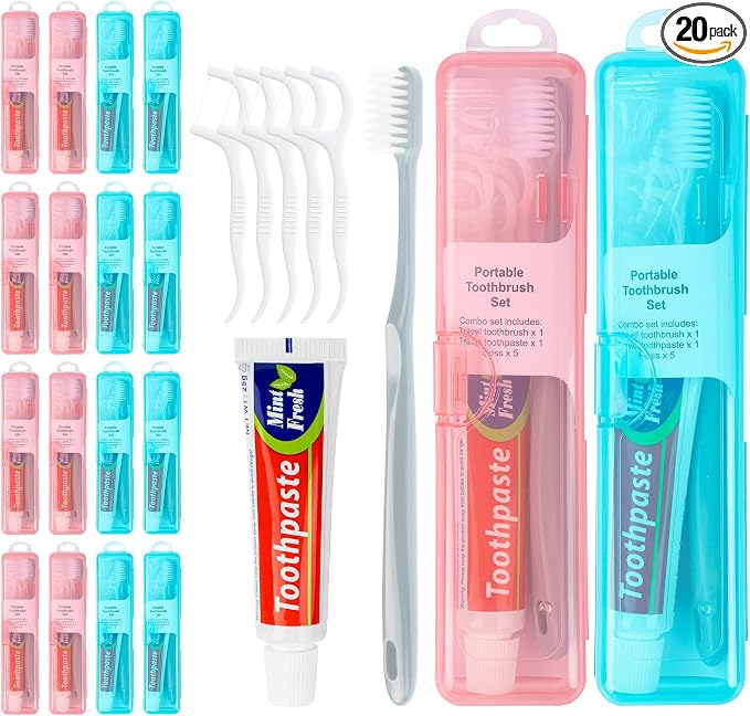 Travel Toothbrush Kit Includes Travel-Sized Toothbrushes, 25g Travel Toothpaste, 5 Floss Picks, a Travel Toothbrush Holder, Ideal for Home, Hotels (Blue, Pink, 20-Pack)