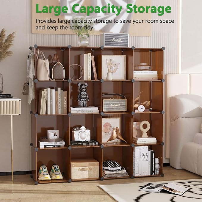 C&AHOME 16 Cube Storage Organizer Cube Shelves Units Storage Cubes, Brown | Plastic DIY Closet Organizer, Stackble Modular Closet Storage Shelves Ideal for Home, Bedroom, 48.4" L × 12.4" W × 48.4" H