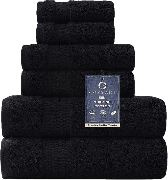 COZYART Luxury Bath Towel Set 6 Pcs, Black 100% Turkish Cotton 650 GSM | OEKO-Tex 100 Certified Zero Twist Ring Spun, Soft Absorbent Quick Dry, Plush Fluffy, Breathable Hotel Quality for Daily Use