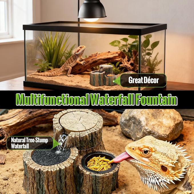 MIXJOY 2 in 1 Reptile Water Fountain with Food Dish 550ML, Reptile Waterfall Drinking Fountain with Adjustable Flow, Natural Resin, Reptile Water Dispenser for Bearded Dragon Gecko Lizard Chameleon