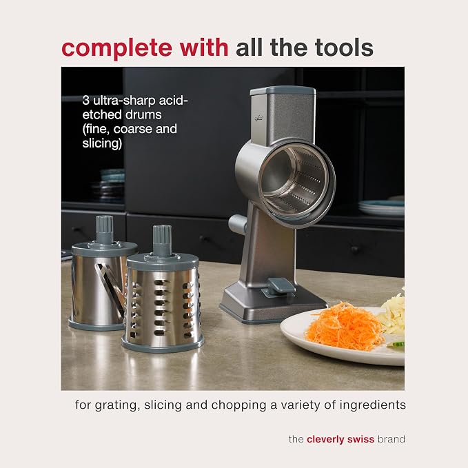 Zyliss Rotary Cheese Grater, Aluminium, 3 Steel Drum Blades, Cheese, Vegetable, Chocolate, Nut, Fruit Grater with Handle, Non-Slip Suction Foot and Table Clamp, 5 Year Guarantee