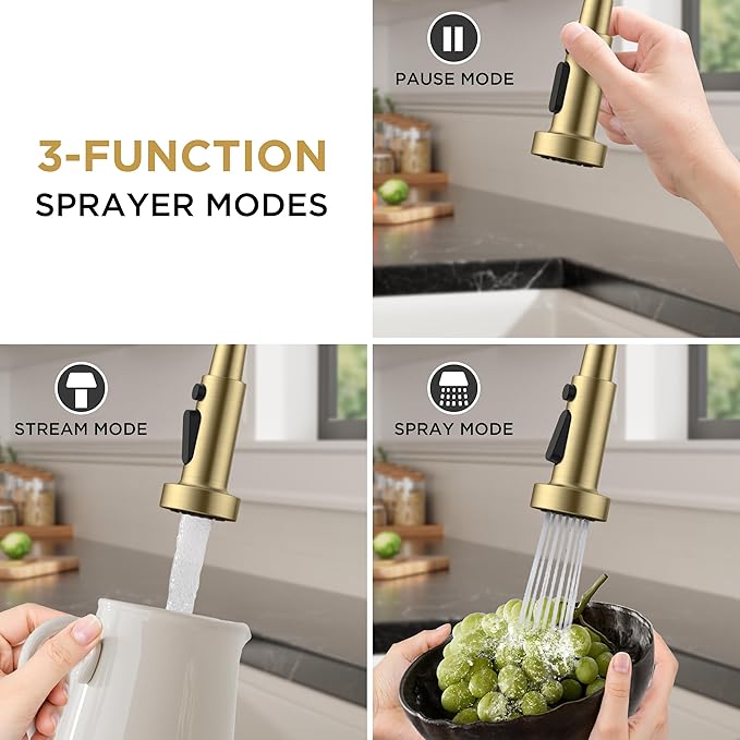 FORIOUS Gold Kitchen Sink Faucet, Stainless Steel Single Handle | Classic Commercial Kitchen Faucet with 3 Modes Sprayer, Suitable for Outdoor Laundry Rv Bar, with Deck Plate for 1 or 3 holes