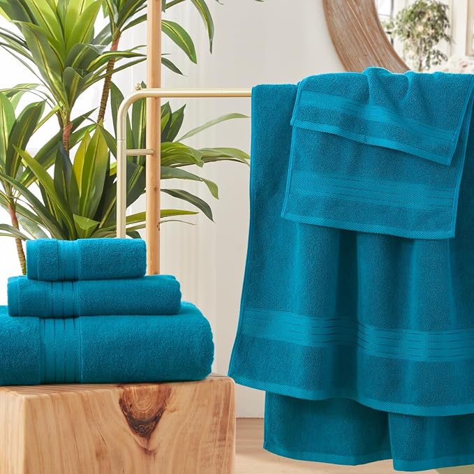 COZYART Luxury Bath Towel Set 6 Pcs Teal/Peacock Blue 100% Turkish Cotton | OEKO-Tex 100 Certified Zero Twist Ring Spun, 650GSM Soft Absorbent Quick Dry, Plush, Breathable Hotel Quality for Daily Use