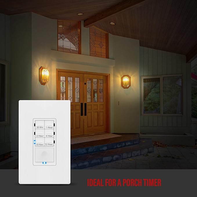 Enerlites HET06 12 Hour Timer Switch for Patio, Path, Porch Lights and Sprinklers | 30min-12Hr, Timer for fan motor and ventilation, 1/2HP Support, Single Pole, UL Listed, Neutral Wire Required, White