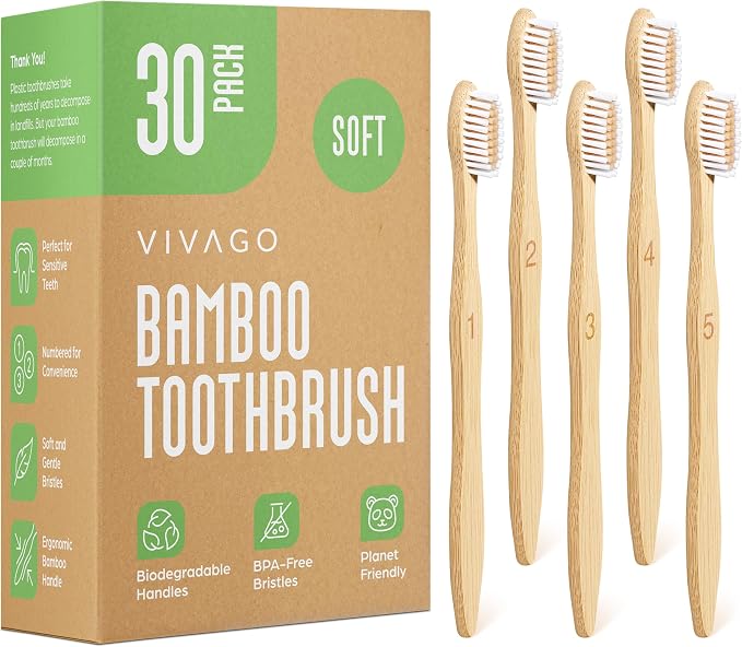 VIVAGO Bamboo Toothbrushes 30 Pack - Soft Bristles Toothbrushes for Adults | Natural Toothbrush, Eco-Friendly, Wooden Toothbrush, BPA-Free