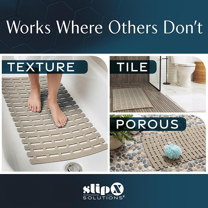 SlipX Solutions Weighted Non Slip Bath Mat for Textured Tub & Shower Surfaces, Patent Pending, Anti Slip Bathtub Safety Without Suction Cups, Doesn’t Float, Works on Tile & Stone 31” x 15”, Tan