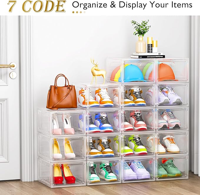 7 code Large Clear Shoe Boxes Organizer【Thicker Material】 Stronger Shoe Box with Magnetic Door, Stackable Shoe Storage Box for Closet, Foldable Space-Saving Storage Bins Shoe Cabinet, White 9 Pack