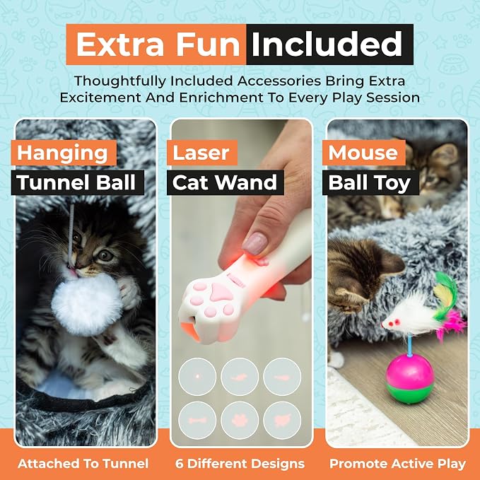 WiskaDen XL Plush Cat Tunnel Bed with Toy and Elderly Feline Access. 3-in-1 Dark Grey Fluffy Donut Cushion with Ears. Circle Tube for Indoor Cats Leisure, Hiding Spot, Dog Bed, or Rabbit Cave